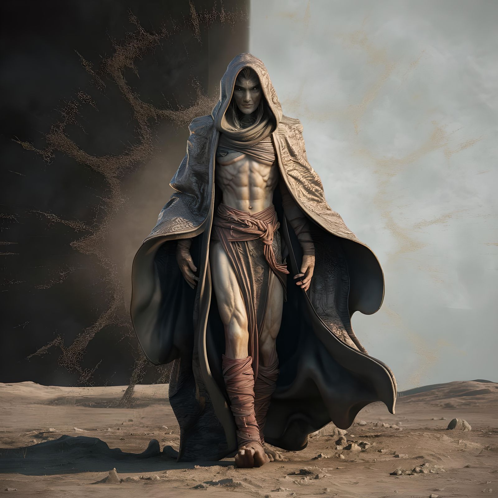 Hyperrealistic Fantasy Character in Barren Landscape