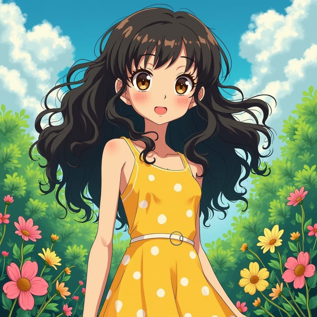 Anime Girl Surrounded by Vibrant Nature in Exaggerated Style