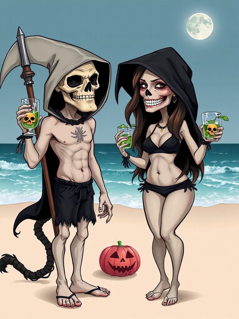 Grim Reapers on Vacation in Bikini Caricature