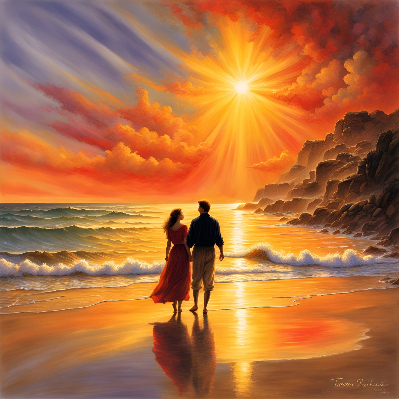 Lovers on the Beach in Radiant Watercolor Style