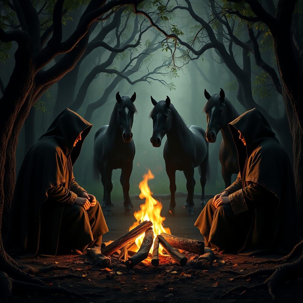 Figures Gathered Around Campfire in Dark Forest