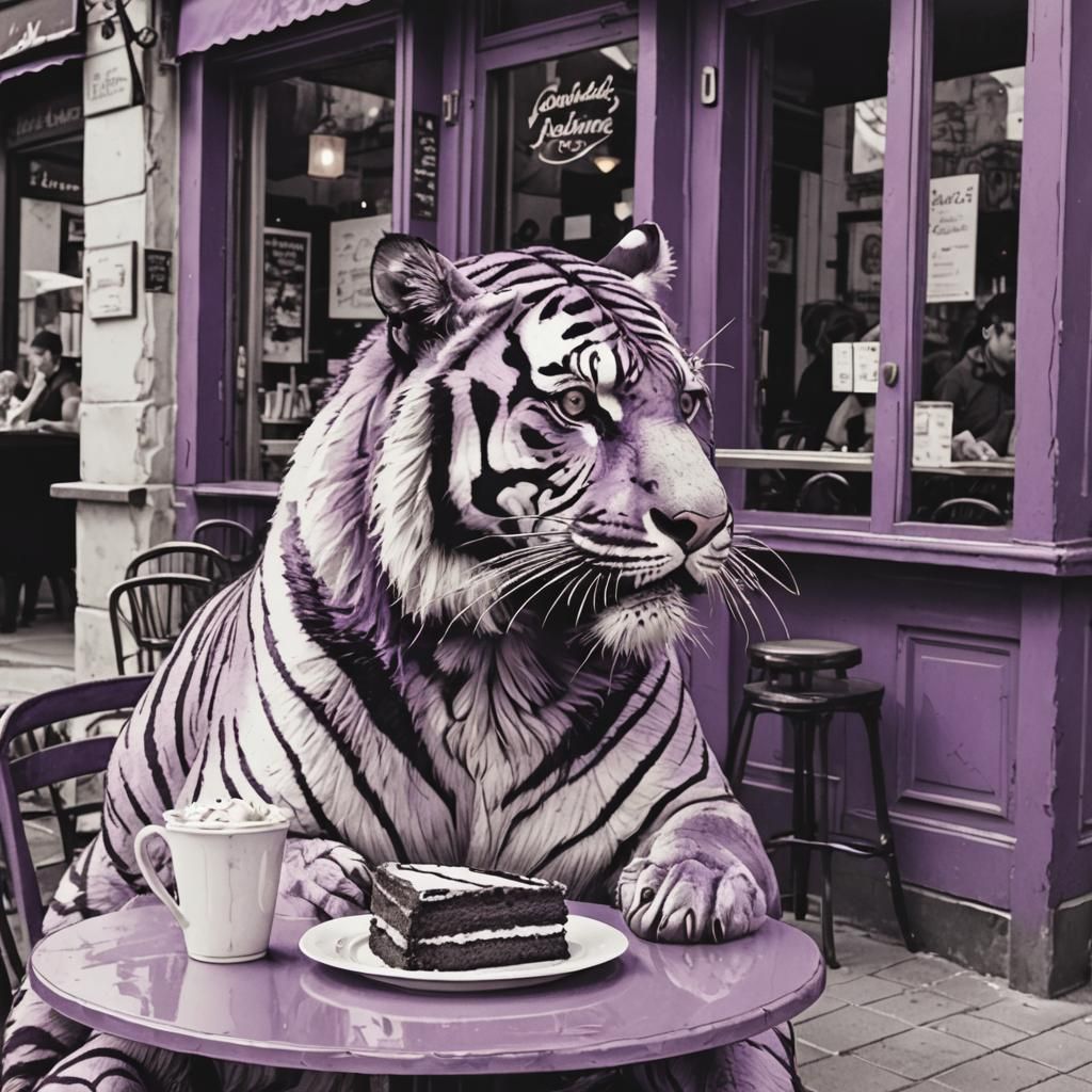 Tiger at French Cafe: Duotone Line Art