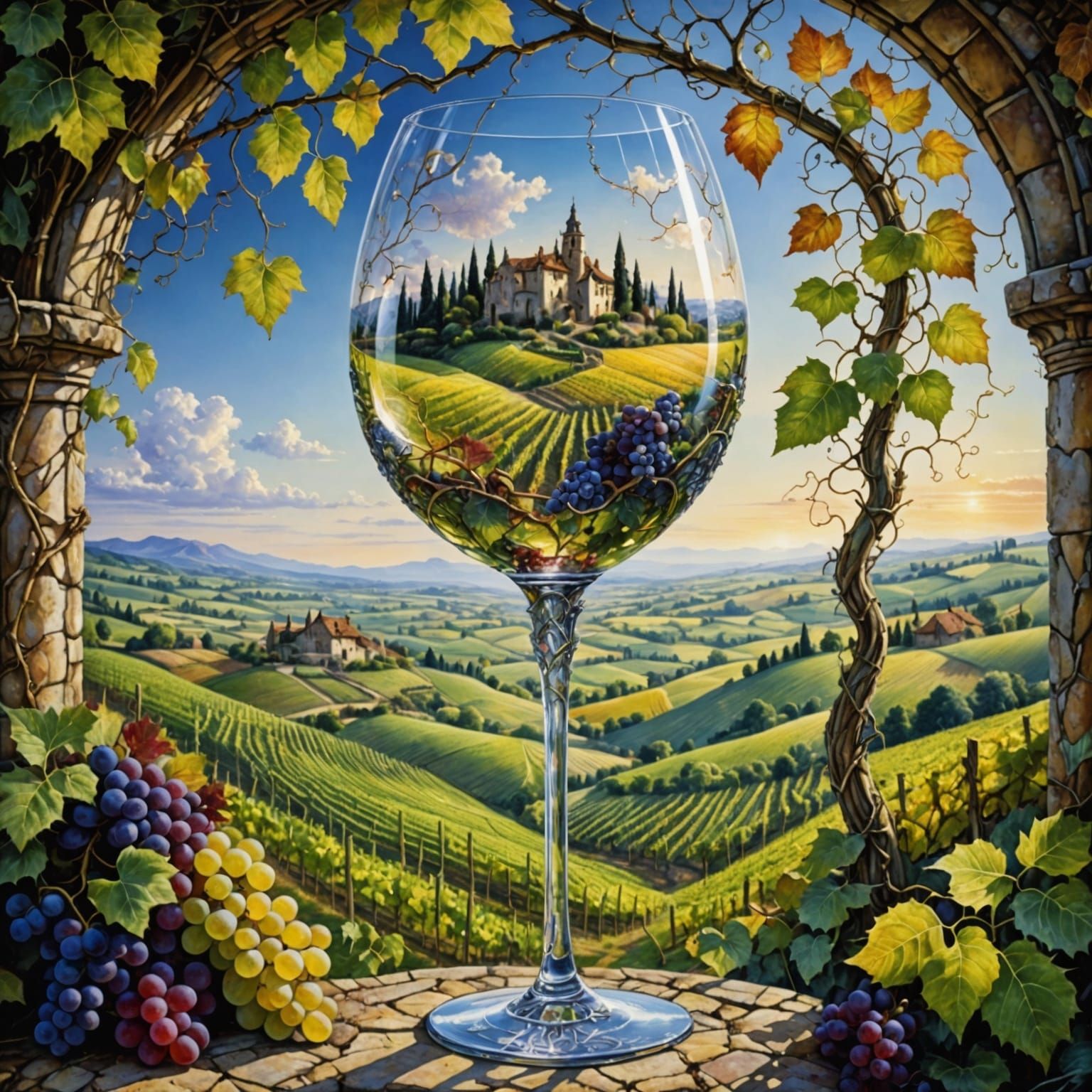 Ethereal Wine Glass with Vineyard Landscape