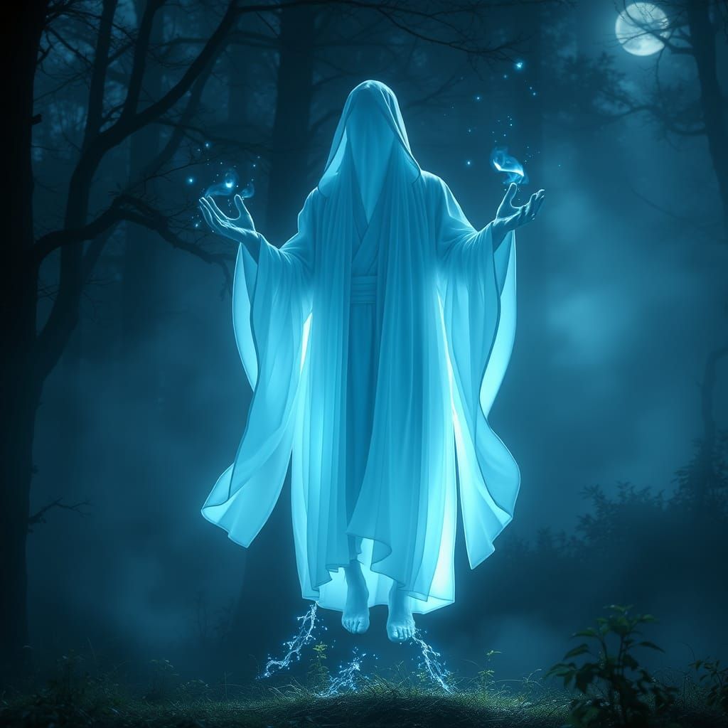 Ethereal Figure Radiates Wisdom in Misty Forest