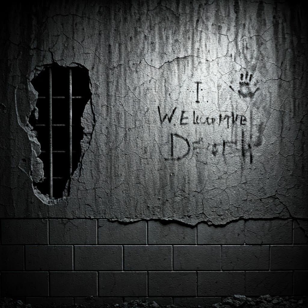 Gritty Prison Wall at Night, with Broken Brick and Defiant G...