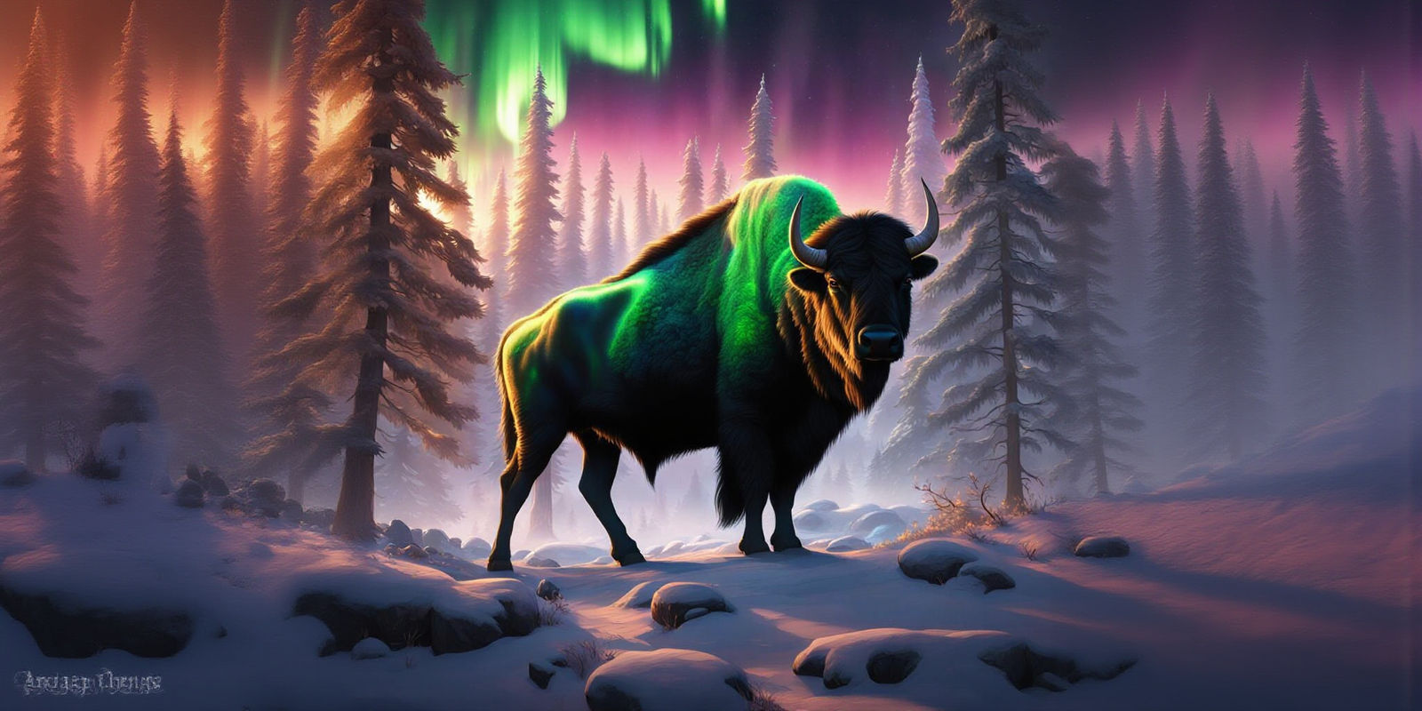 Northern Lights Over Buffalo in Native American Forest