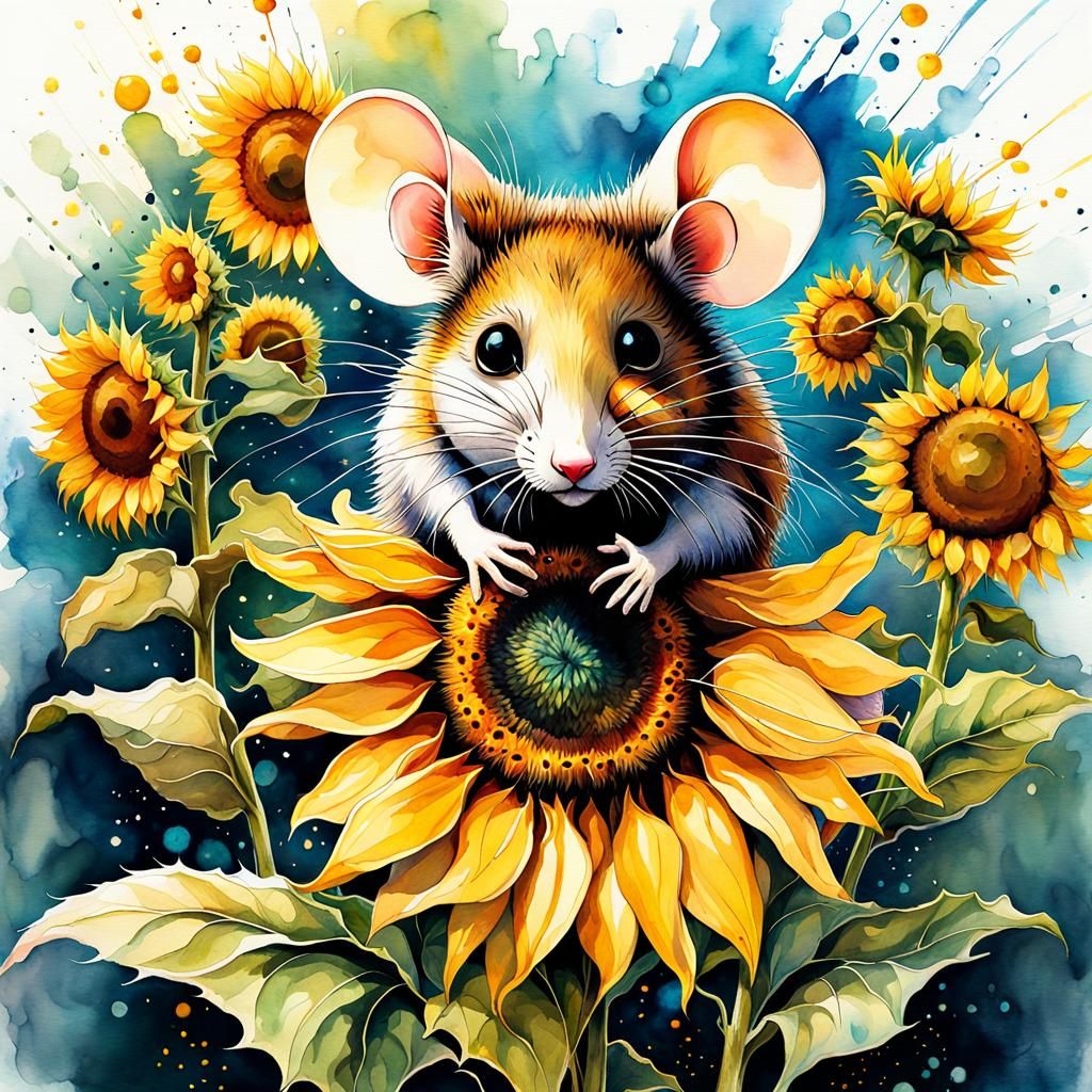 Animated Mouse and Sunflower in Watercolor Style