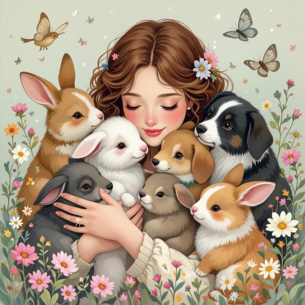 Woman Surrounded by Adorable Animals in Whimsical Style