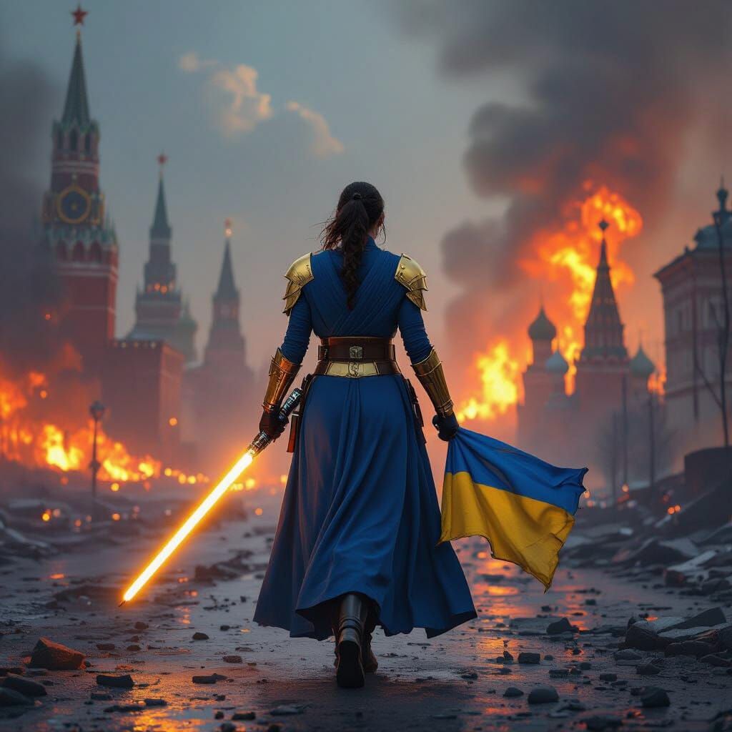 Female Jedi with Ukraine Flag in Burning City