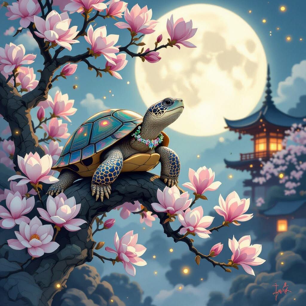 Wise Tortoise in Moonlit Garden with Iridescent Shell