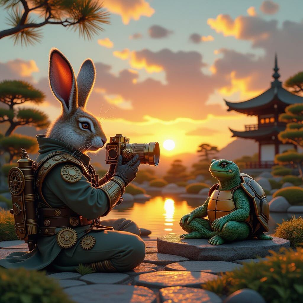 Hare Captures Sunset over Zen Garden as Digital Art