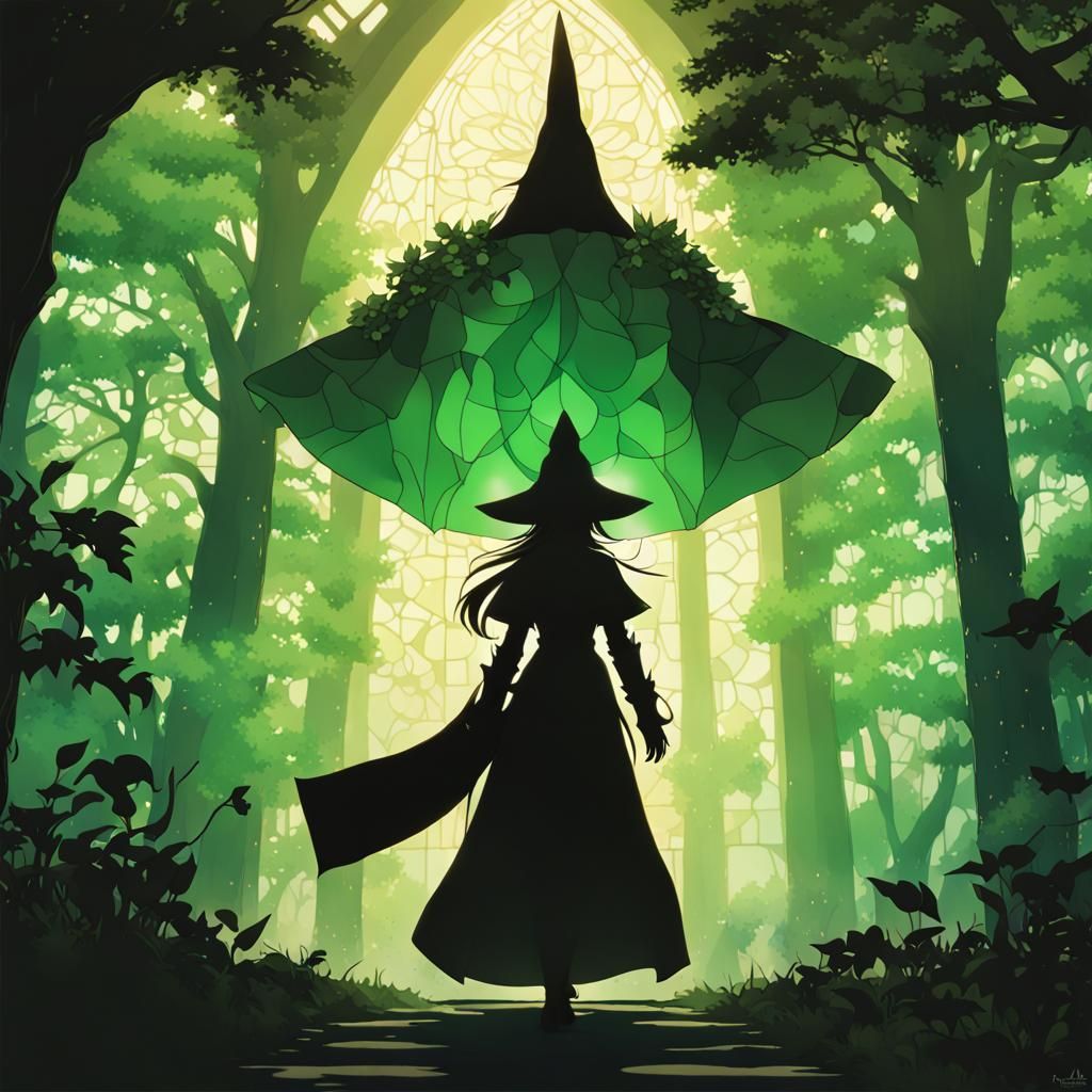 Stained Glass Silhouette of Girl in Anime Style