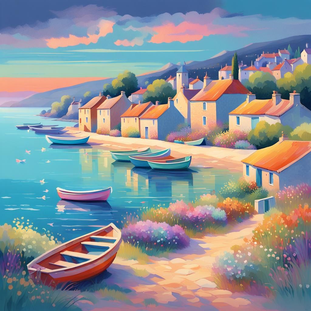 Impressionist Seaside Village with Shimmering Light