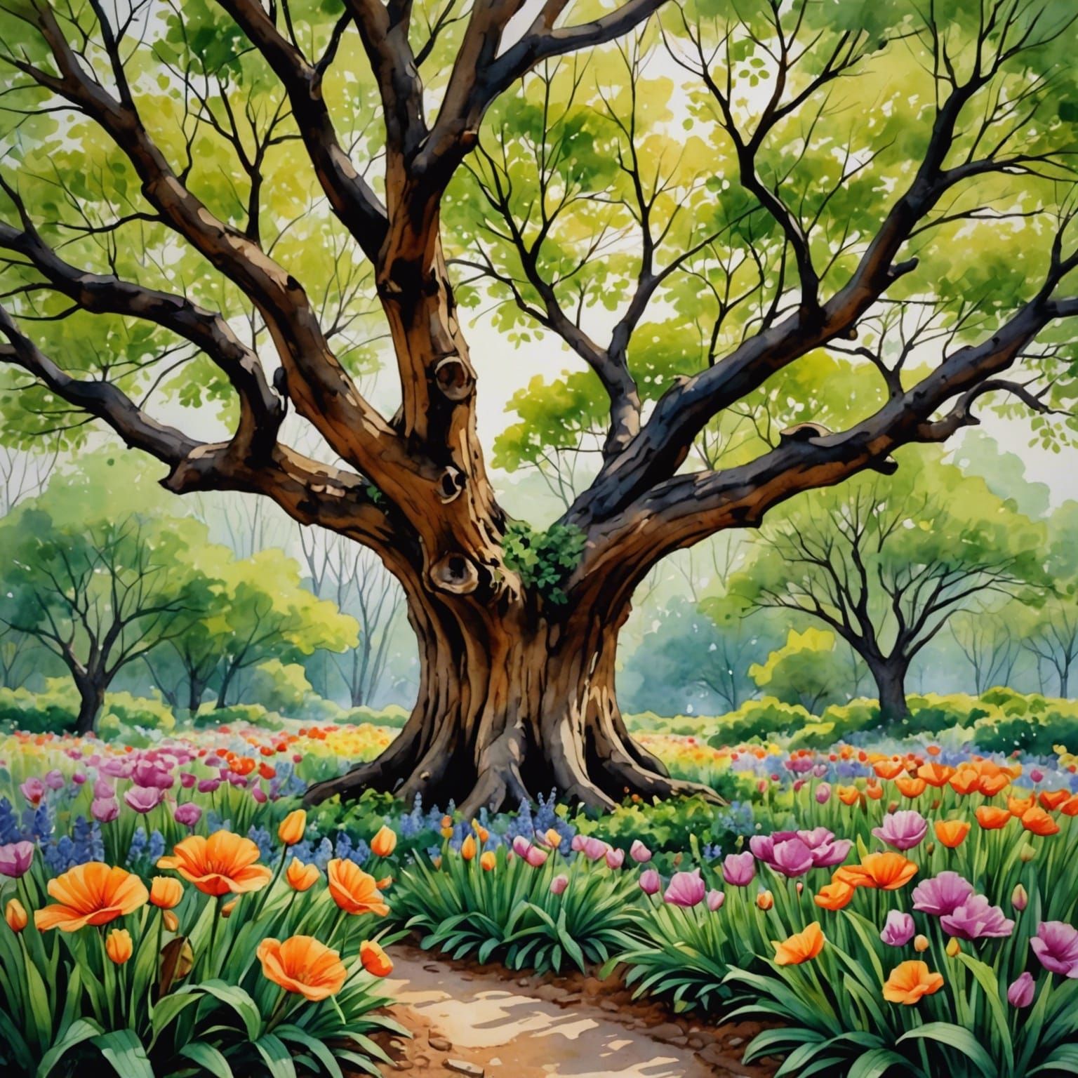 han crecido hermosas flores En el jardín en un tronco de un ...