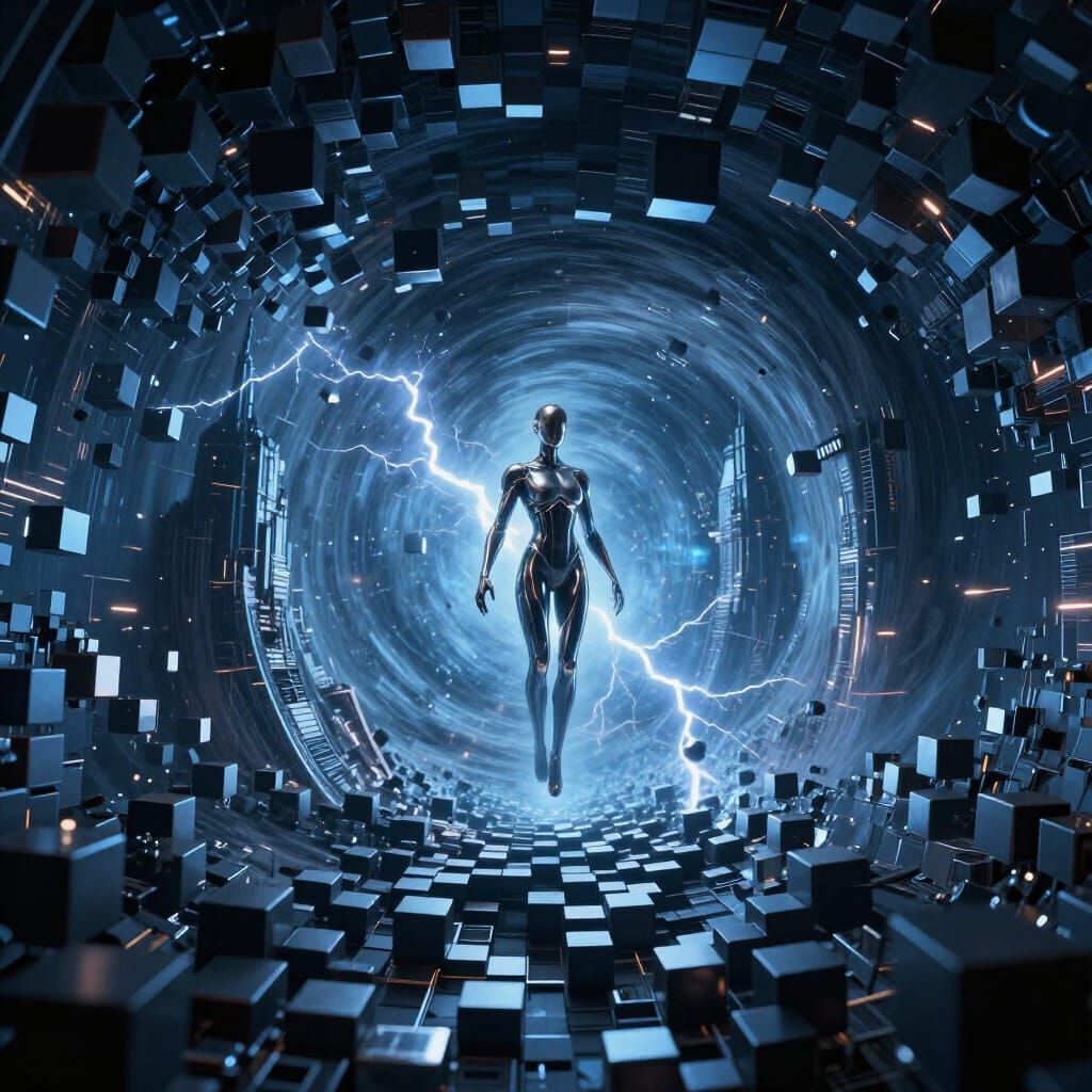 Sleek Humanoid Levitates in Digital Tornado