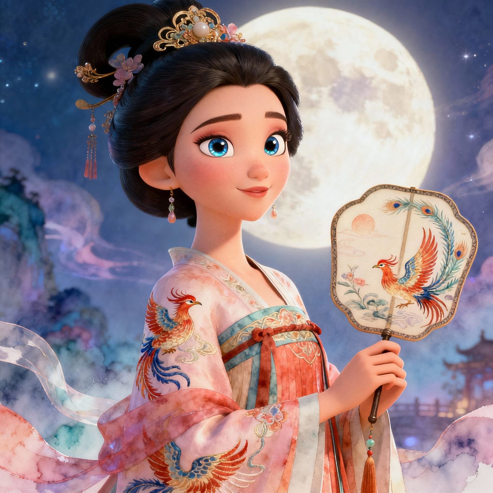 Disney-Inspired Tang Dynasty Concubine with Painted Fan