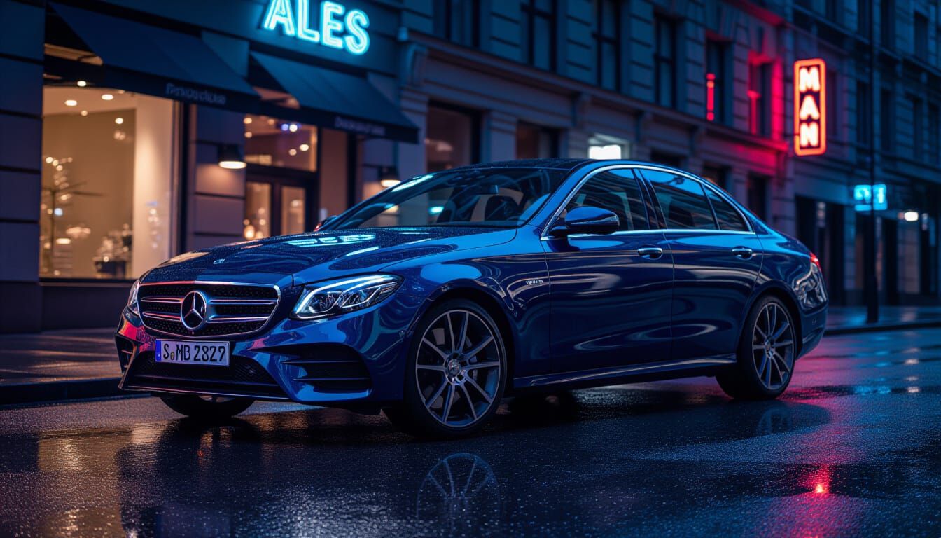 Midnight Blue Mercedes E-Class Sedan on Wet City Street