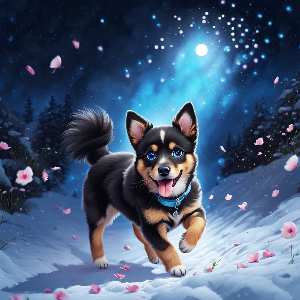 Adorable Dog with Blue Eyes in Magical Night Scene