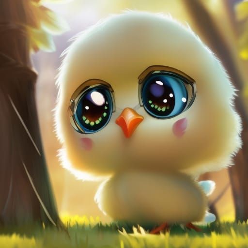 Adorable Chibi Chicken in Forest: Digital Illustration