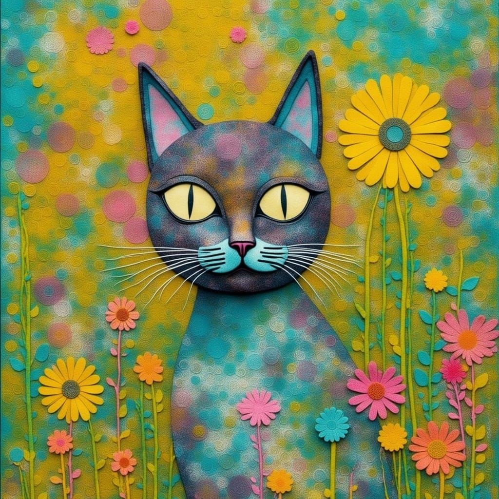 Whimsical Feline Landscape in Vibrant Colors
