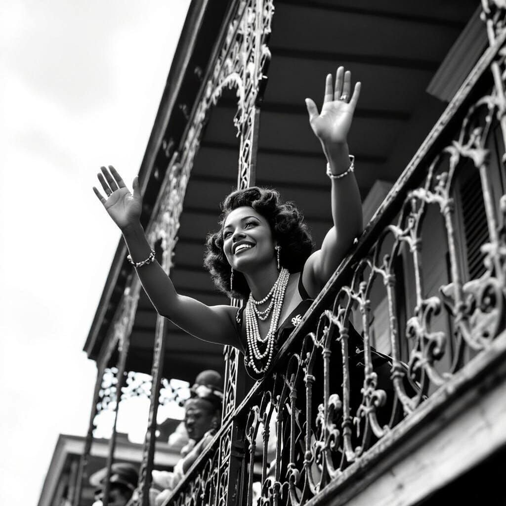 1940s New Orleans Woman Waves from Balcony in Black and Whit...