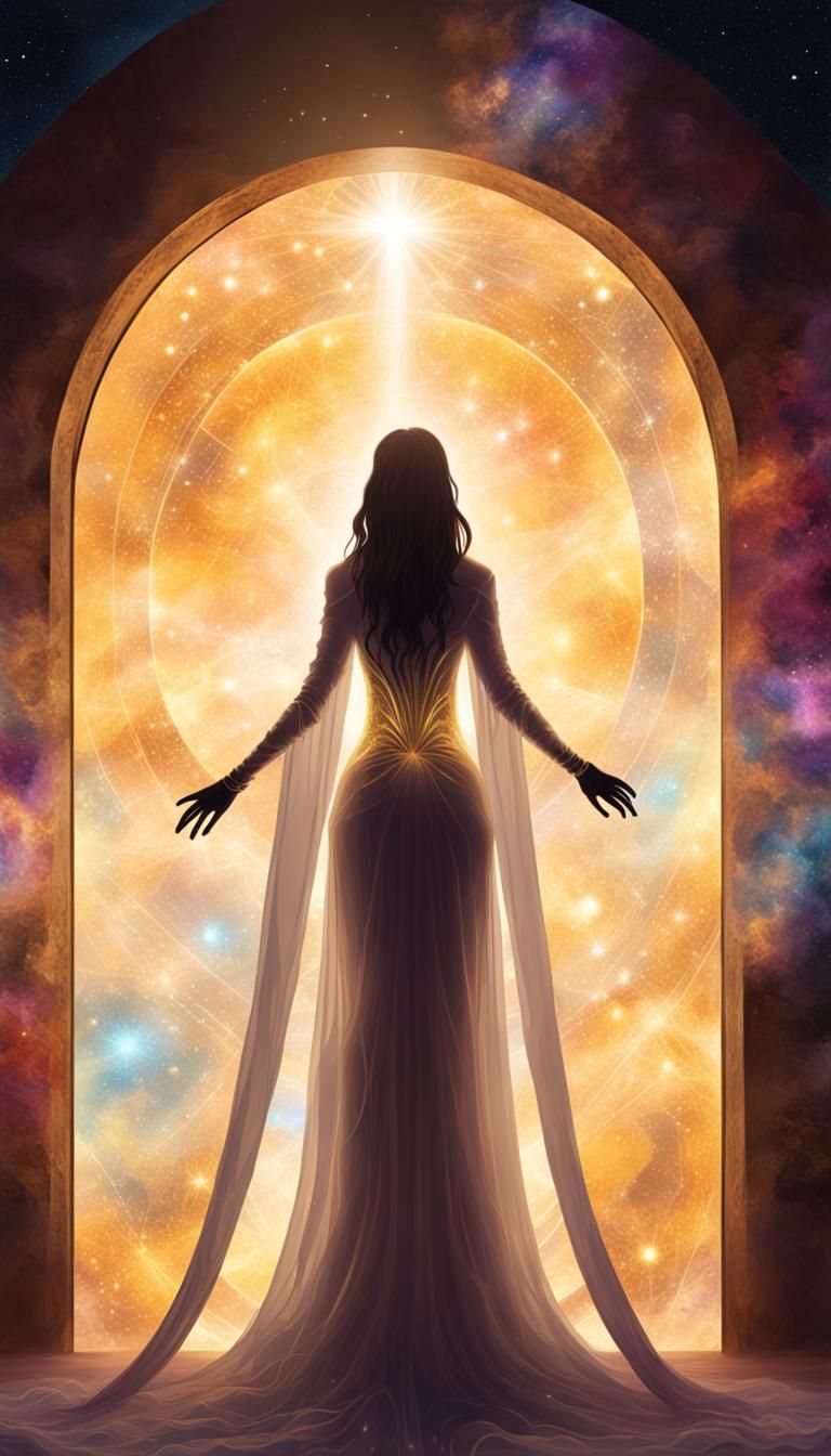 Cosmic Sorceress Silhouette at Golden Portal
