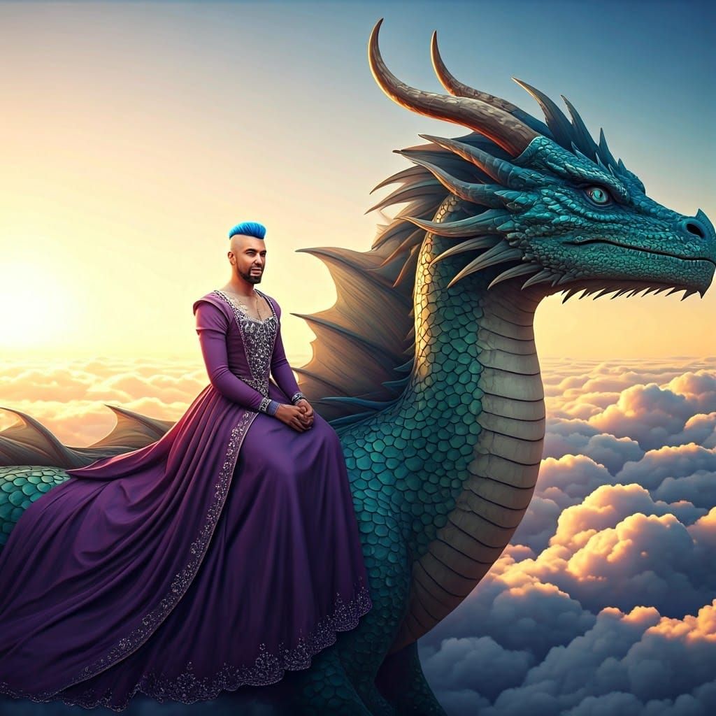 Man in Princess Dress on Dragon: Fantasy Matte Painting