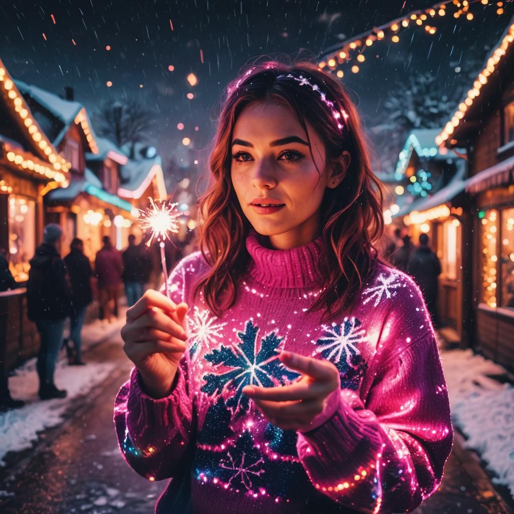 Girl With Sparkler in Neon Synthwave Christmas Village