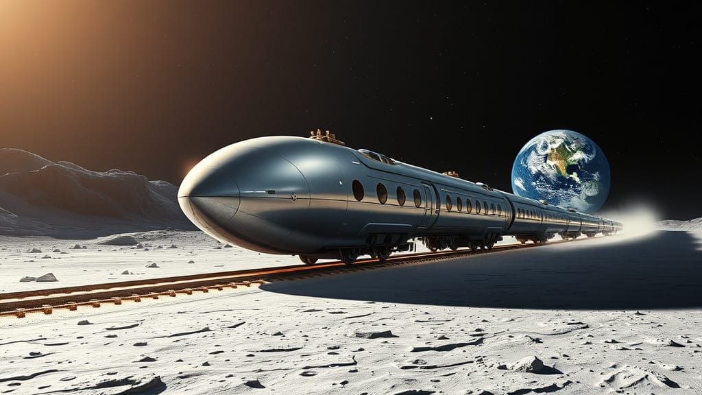 Lunar Maglev Train in Steampunk Futurism