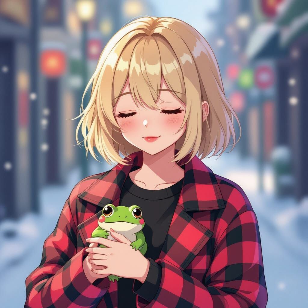 Anime Girl With Frog In Winter Street Scene