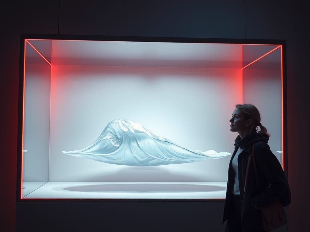 a single crashing ocean wave formed out of liquid mercury, floating under a museum spotlight inside of a glass box that ...