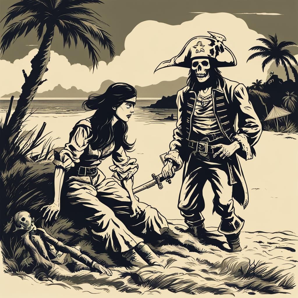 A woman being menaced by a ghost pirate on a deserted island. B-movie campy style.
