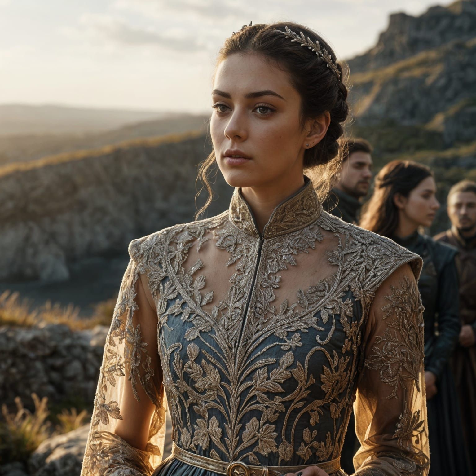 Cinematic film still. Medium shot. A young woman dressed in ...