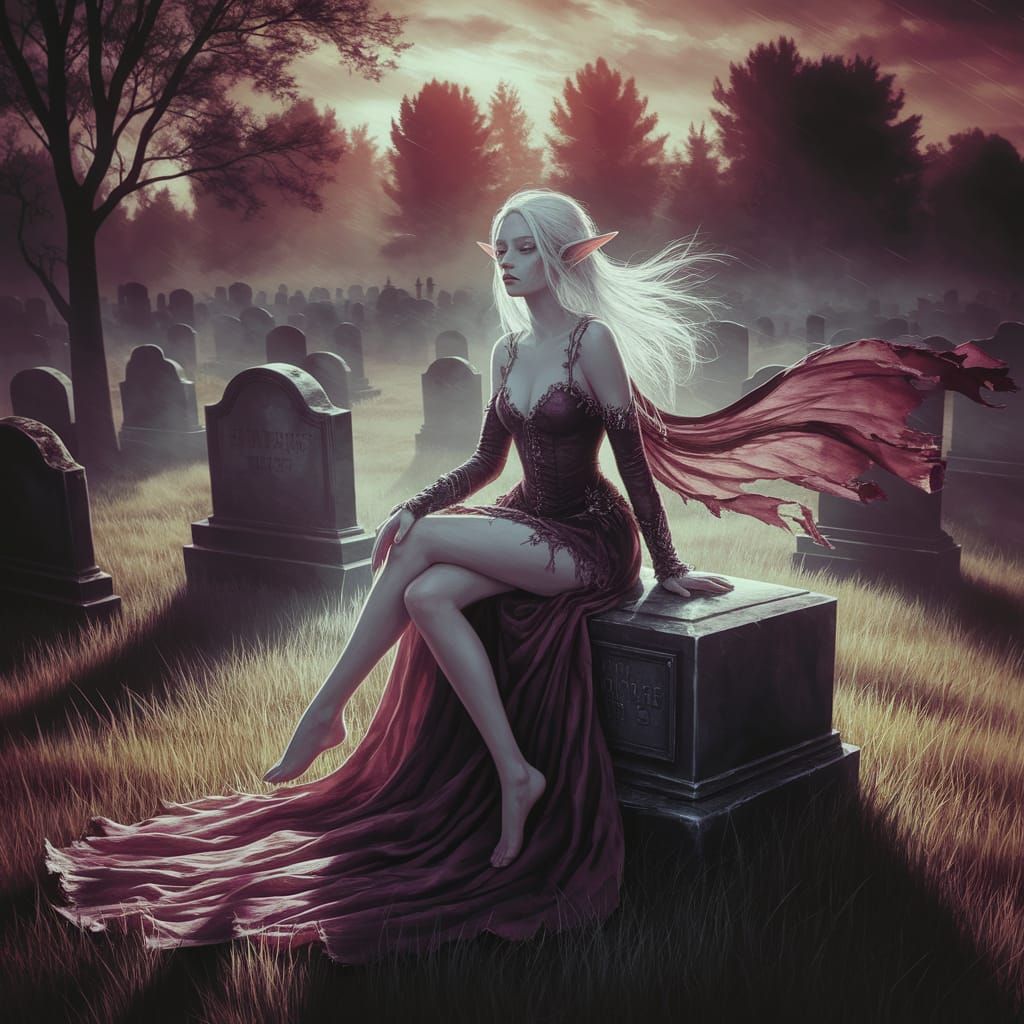 Ethereal Emo Elf in Misty Graveyard