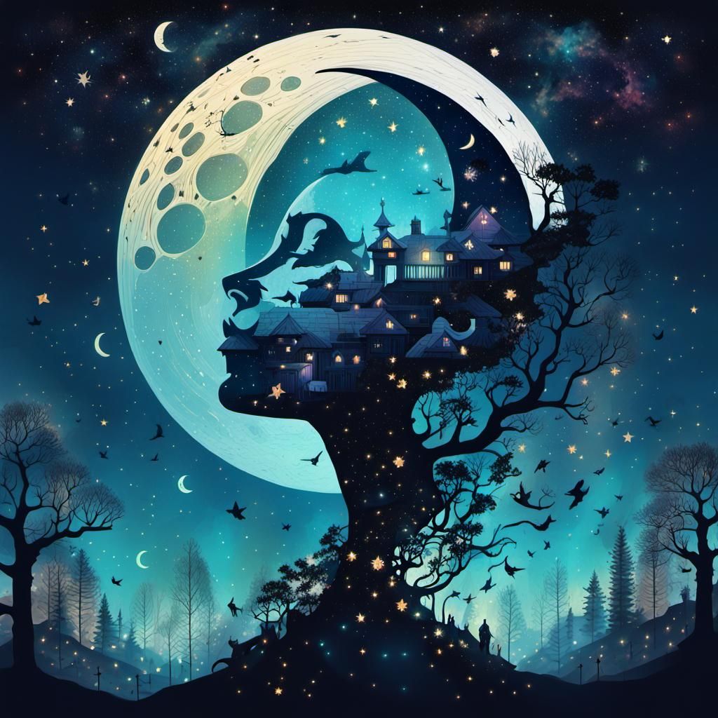 Surreal Starry Night Collage Art Illustration