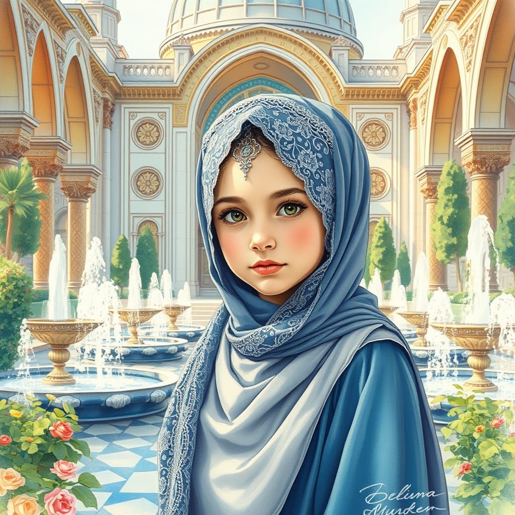 A young hijab girl at grand mosque's lush garden.