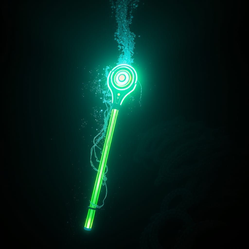 Glowing Underwater Staff in Cyberpunk Style