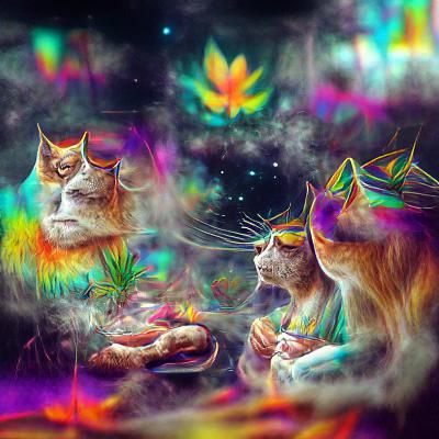 Hippie Cats Smoking Marijuana in Cosmic Illustration