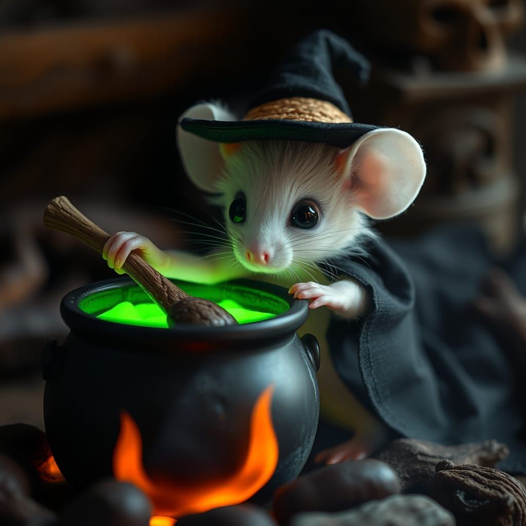 Mouse Witch Stirring Potion in Fantasy Art Style