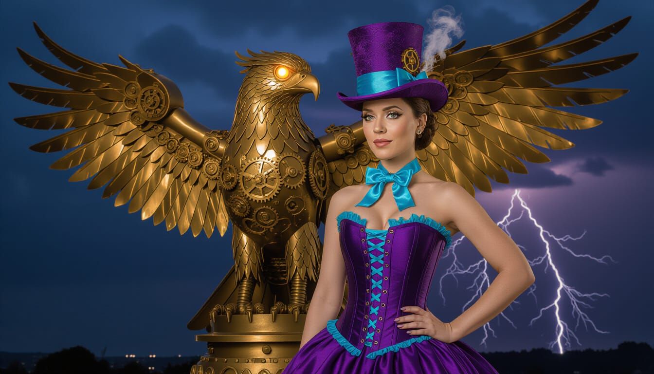 Steampunk Man with Brass Hawk in Stormy Sunset