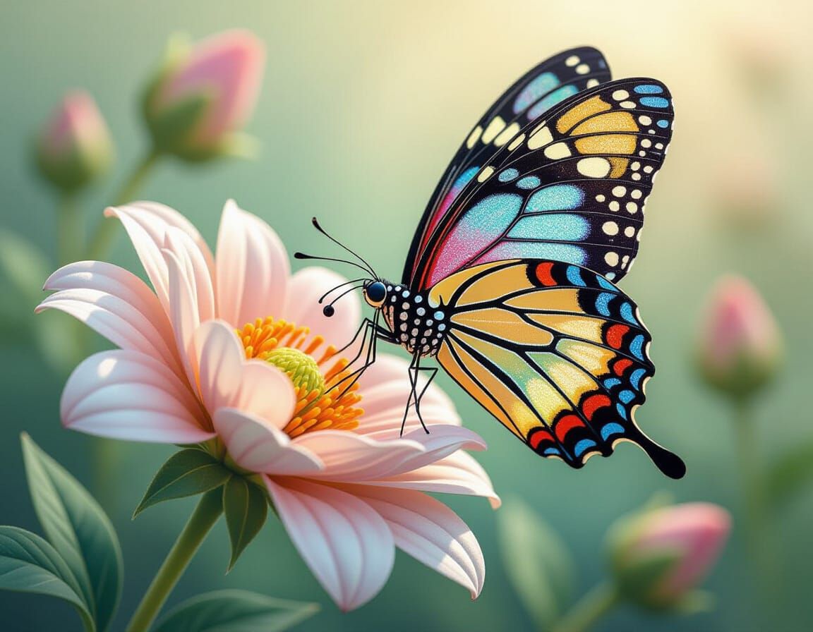 Iridescent Chibi Butterfly on Exotic Flower in Art Nouveau S...