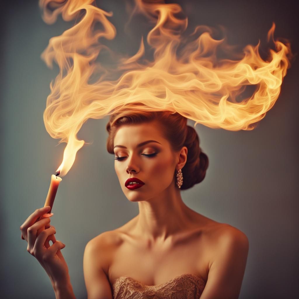 Surreal Vintage Glamour with Flickering Fire