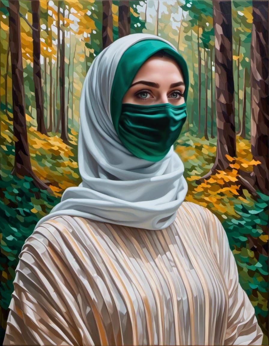 Woman in Hijab and Mask in Lush Forest