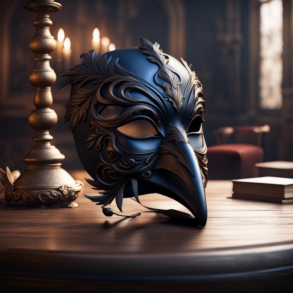 Raven Masquerade Mask on Table, Detailed Matte Painting