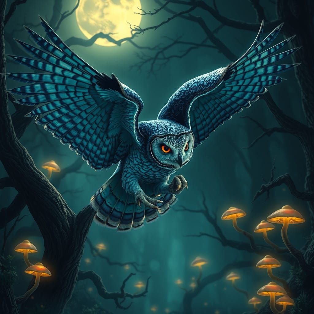 Moonlit Owl Soars Through a Mystical Forest