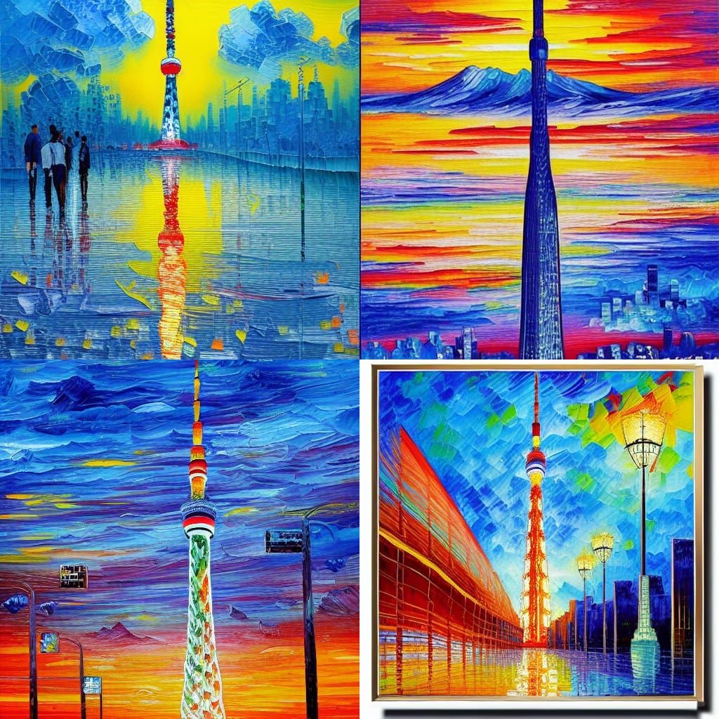 Tokyo Skytree Sunrise: Neo-Impressionist Oil Painting