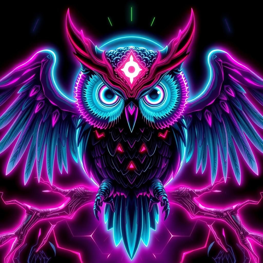 Neon Mechanical Owl in Psychedelic Nightmare Style