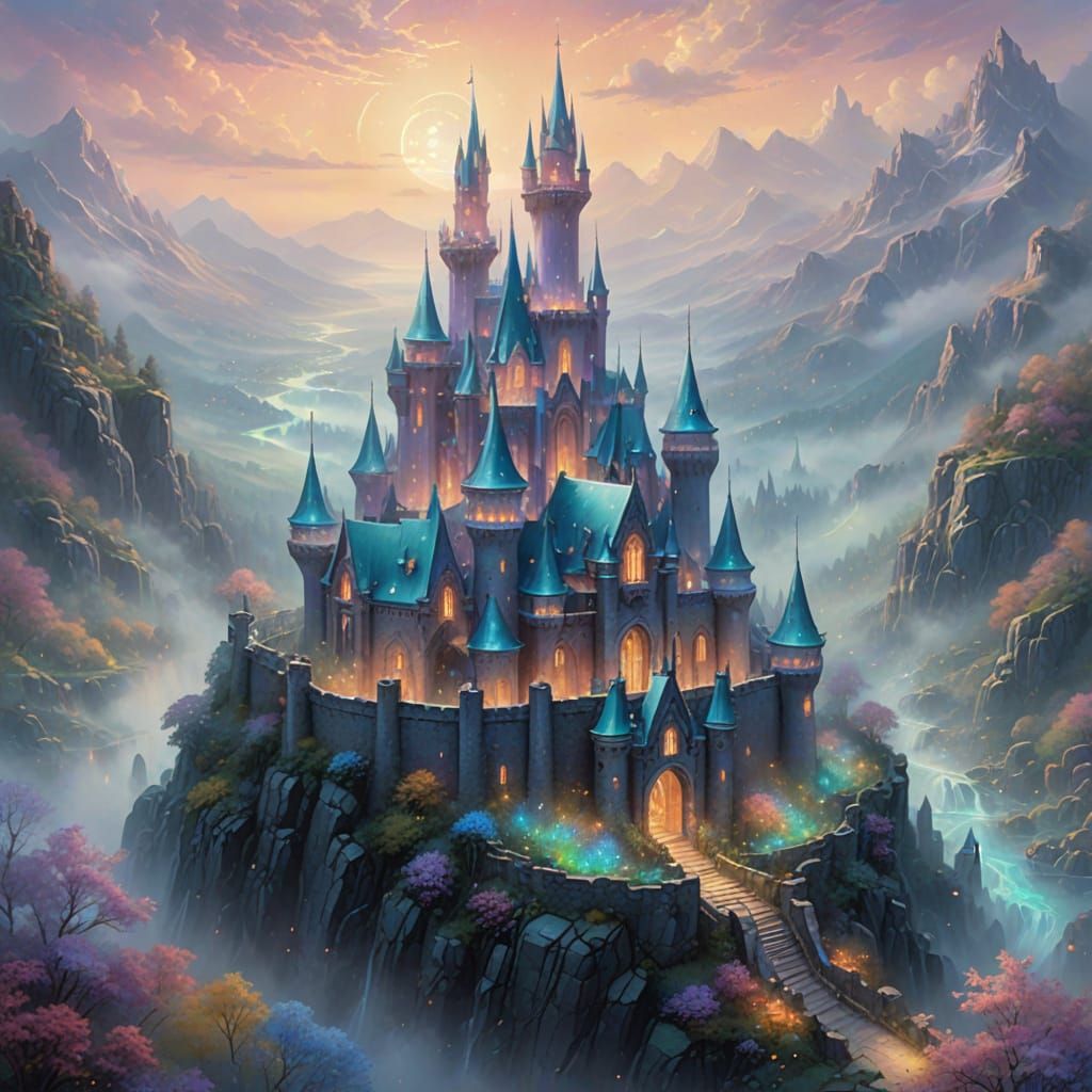 Ethereal Opal Castle in Mist