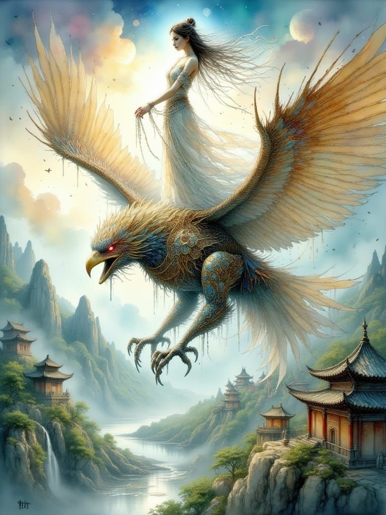 Goddess on Mechanical Phoenix in Xianxia Anime Style