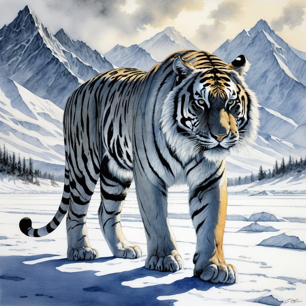 A majestic, large snow tiger with striking black and white fur stands powerfully in a stark monochrome landscape. The en...